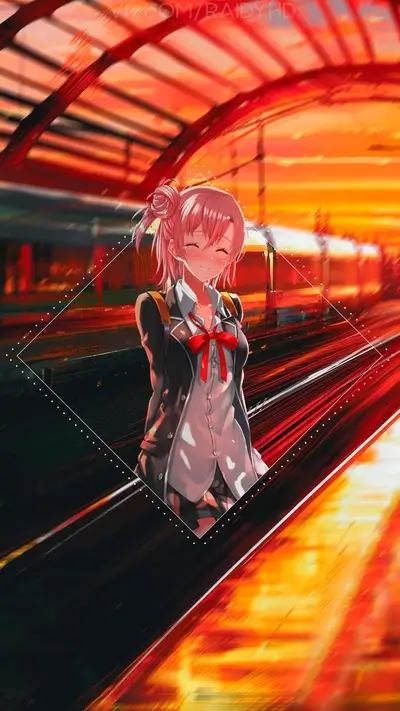 Smiling schoolgirl stands near train tracks with soft, colorful background.