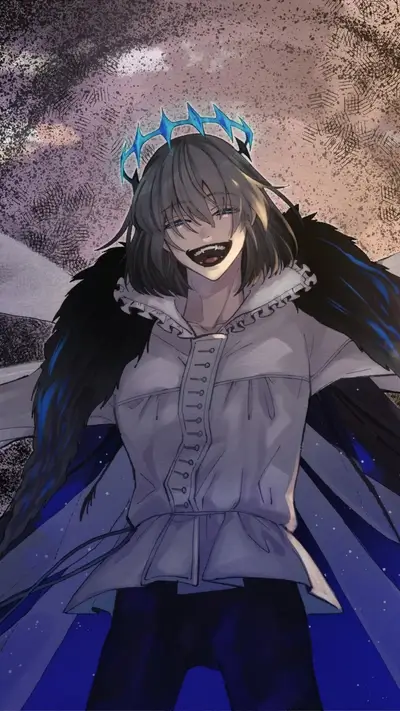Smiling, sinister character with a crown and dark features