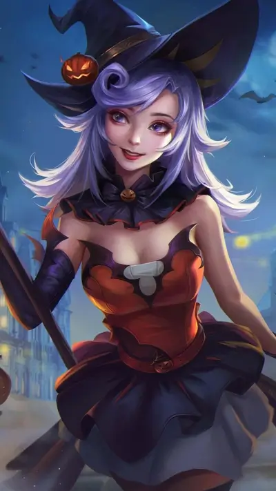 Smiling witch girl with Halloween dress and pumpkin hat
