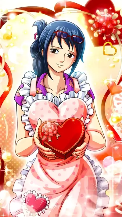 Smiling woman wearing apron, holding heart-shaped box, amidst Valentine's decorations