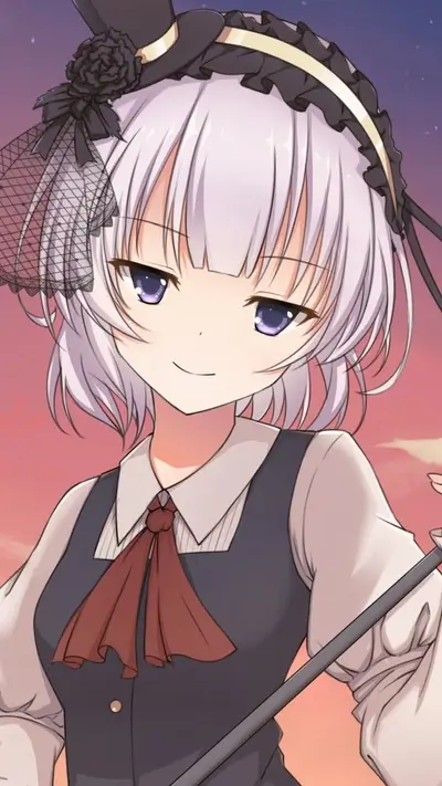 Smirking anime girl with short white hair and purple eyes