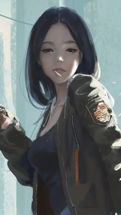 Smoking girl with a jacket, wearing a black top and jeans