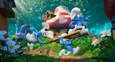 Smurfs playing on a wooden ladder in a mushroom forest