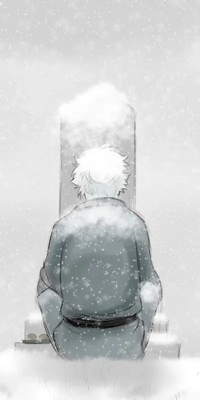 Snow falls on a lone figure at a gravesite