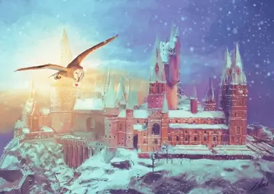Snowy owl delivering mail to Hogwarts