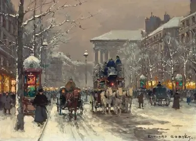 Snowy Parisian Street Scene with Horse-Drawn Carriages