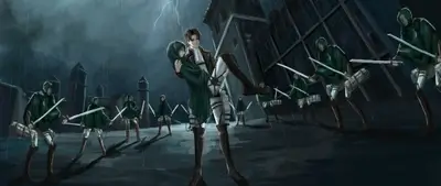 Soldier holding a hooded girl in the rain surrounded by scouts