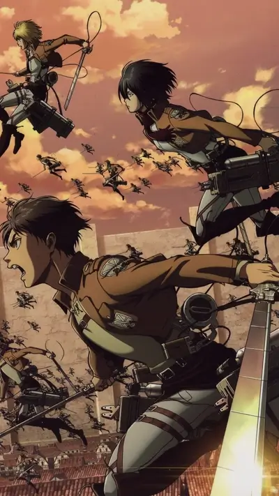 Soldiers in action, flying high above buildings