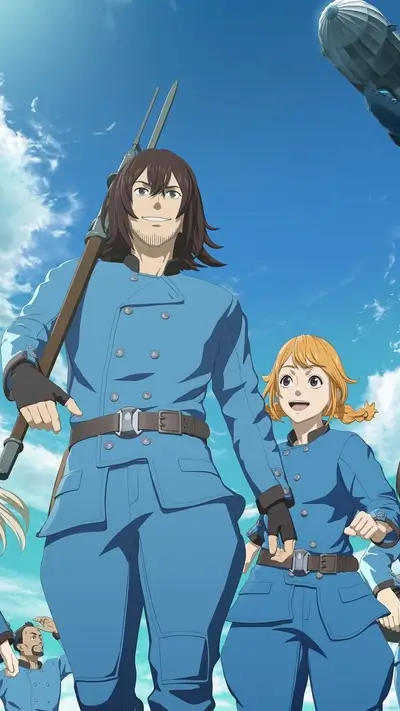 Soldiers in blue uniforms stand against a cloudy sky