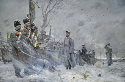 Soldiers in winter scene, possibly Russian military