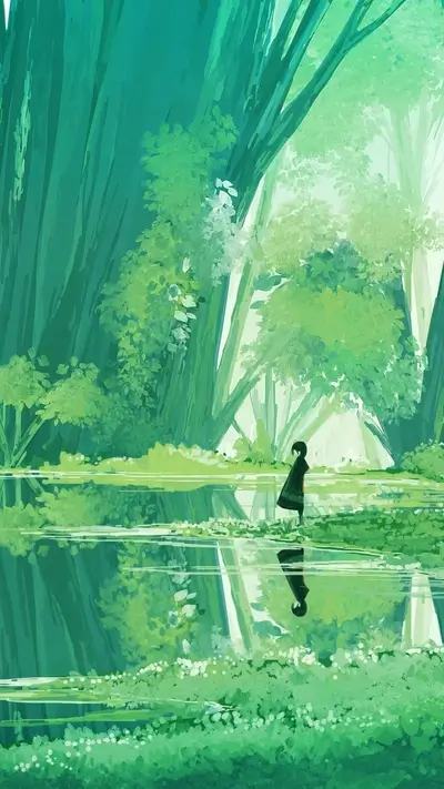 Solitary figure in a verdant forest by a calm lake