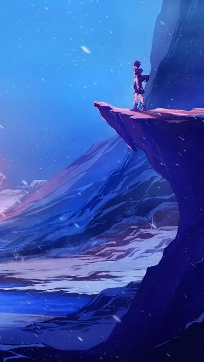 Solitary figure on a cliff overlooking a snowy landscape