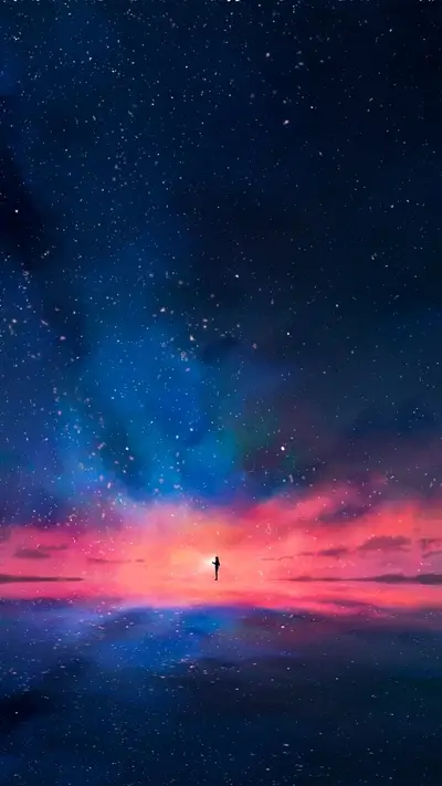 Solitary figure under a starry sky