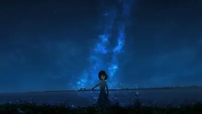 Solitary girl stands beneath shimmering starlit sky, overlooking calm dark waters