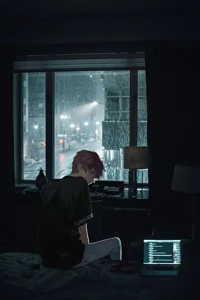 Solitude in rain, figure gazes, laptop glows, cityscape blurred