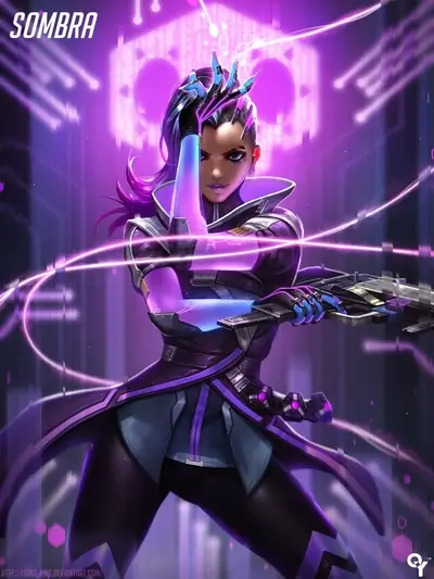 Sombra, Overwatch character art, purple and blue hues