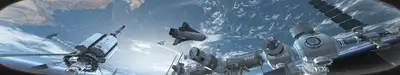 Spacecraft orbiting Earth, various modules and a shuttle