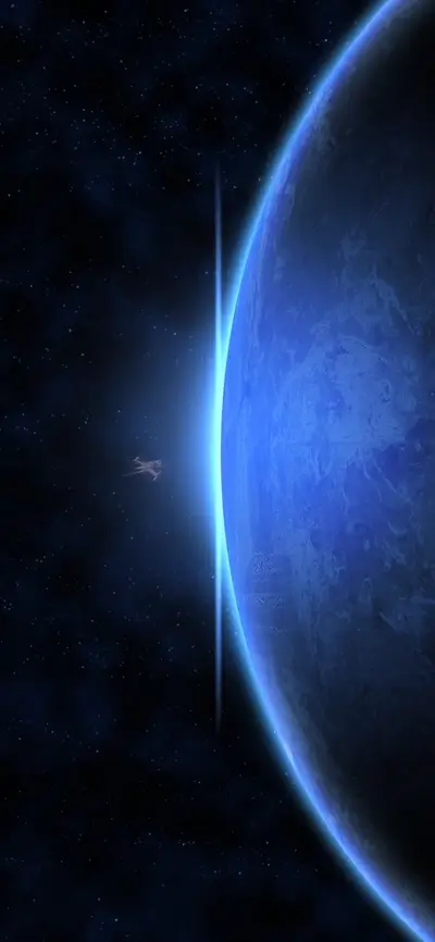 Spaceship approaching a blue planet