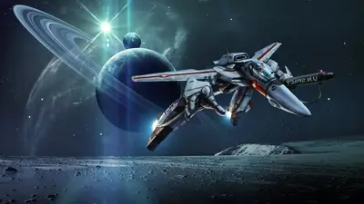 Spaceship flying over a moon-like planet