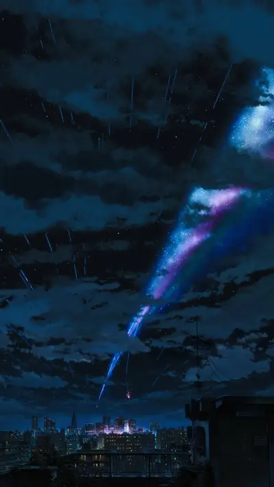 Spectacular celestial show over cityscape with shooting stars and vibrant galactic trails.