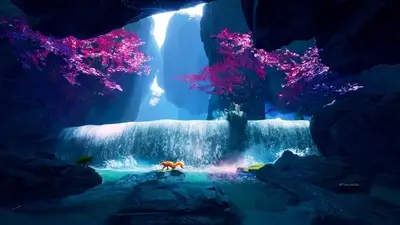 Spectacular fantasy landscape featuring waterfall, rock formations, and vibrant flora, ethereal glow