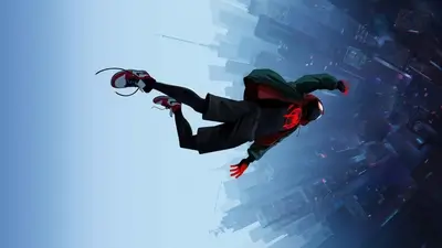 Spider-Man falling through a futuristic city