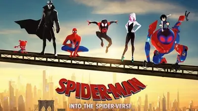 Spider-Man: Into the Spider-Verse characters standing on a bridge with city in the background