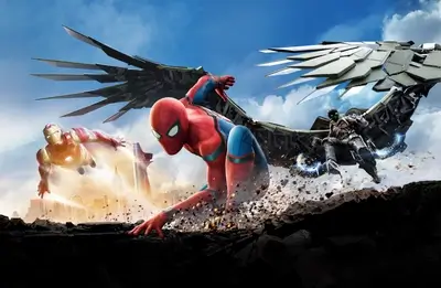 Spider-Man, Iron Man, and Vulture in a city battle