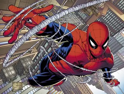 Spider-Man swinging through a city