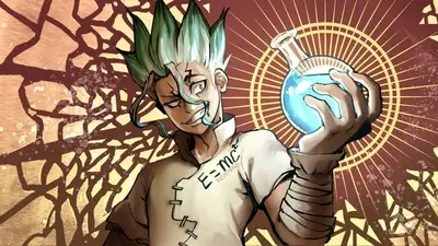 Spiky green hair character holding a glowing blue flask with science symbols