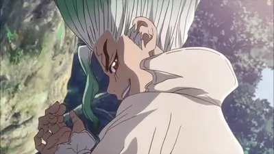 Spiky-haired character with a smirk looking over shoulder in nature