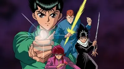 Spiky-haired heroes ready for action with glowing energy and fighting stances