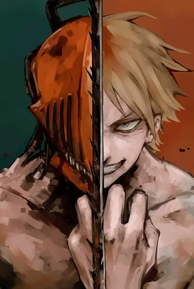 Split between human and devil, intense expression, wielding chainsaws.