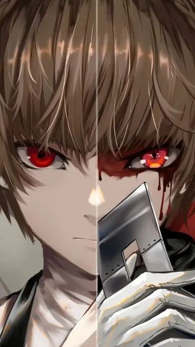 Split face of a character with striking red eyes and dark red eye paint