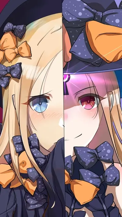 Split image of a girl with different eye colors and witch-like attire