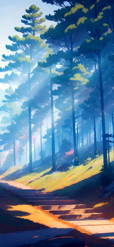 Stairs leading into a sunlit forest