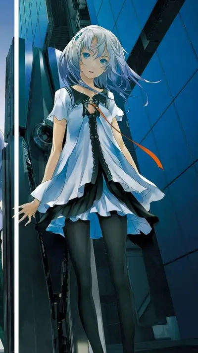 Standing anime girl, gazing serenely, wearing a dress and black tights.
