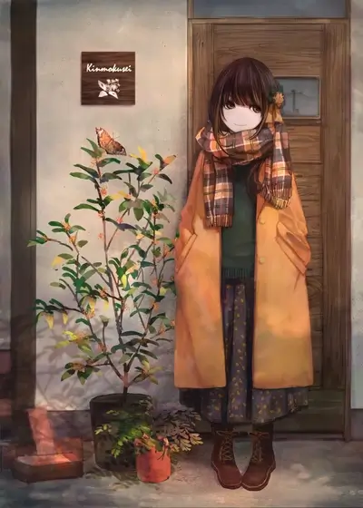 Standing anime girl in coat with butterfly, plant, and sign