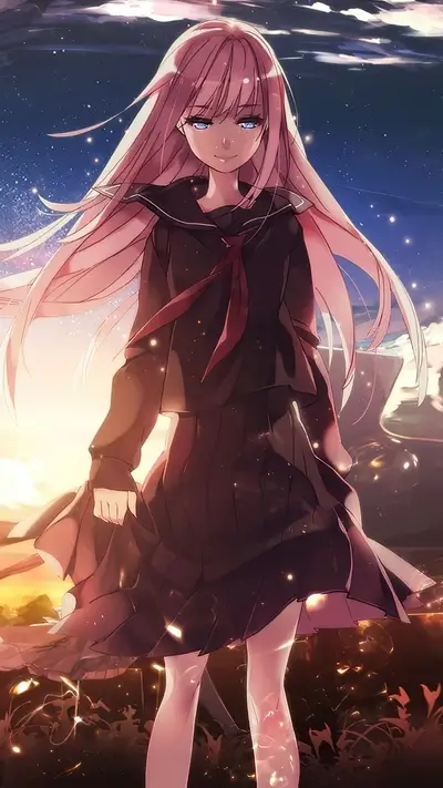 Standing anime girl in sailor uniform, pink hair, blue eyes, beautiful twilight sky behind