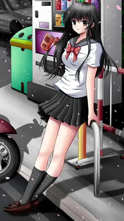 Standing by vending machine, anime schoolgirl's