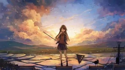 Standing girl gazing upon fields with clouds above