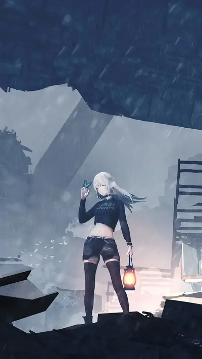 Standing girl holding lantern with butterfly on her finger, cityscape in the rain