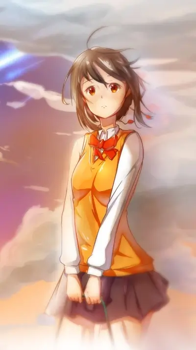 Standing girl in school uniform with orange vest and sunset backdrop