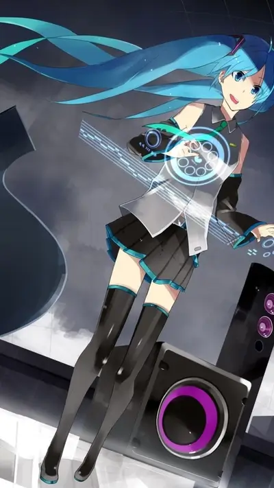Standing Hatsune Miku controlling music display
