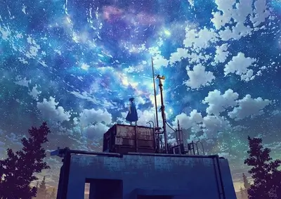 Standing on rooftop, gazing upwards at the stunning night sky, celestial beauty