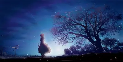 Standing under a tree, a girl holds an umbrella at night
