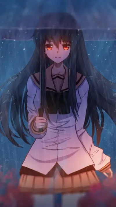 Standing under umbrella in rain, melancholic girl with fiery eyes seems lost.