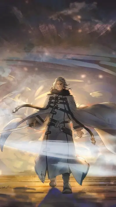 Standing warrior in long coat, wielding sword, against painted sky with golden accents