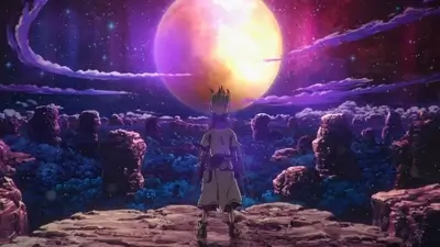 Stargazing over a vast rocky landscape under a glowing moon