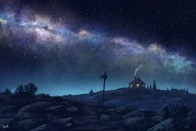 Starry night scene featuring a mountain cabin, path, and Milky Way galaxy overhead